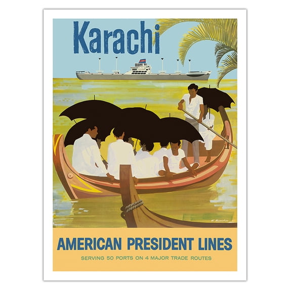 Karachi - Pakistan - American President Lines - Vintage Travel Poster by Al Merenchen c.1959 - Bamboo Fine Art 290gsm Paper Print (Unframed) 24x32in