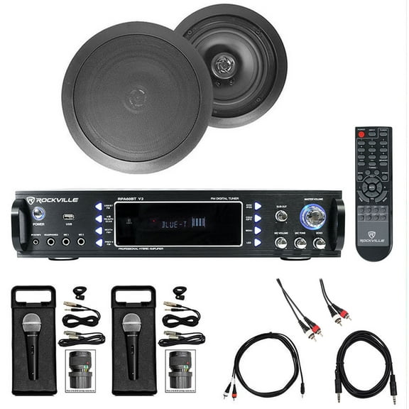 Karaoke Bluetooth Amp/Mixer+(2) 8" Black Ceiling Speakers+(2) Microphones