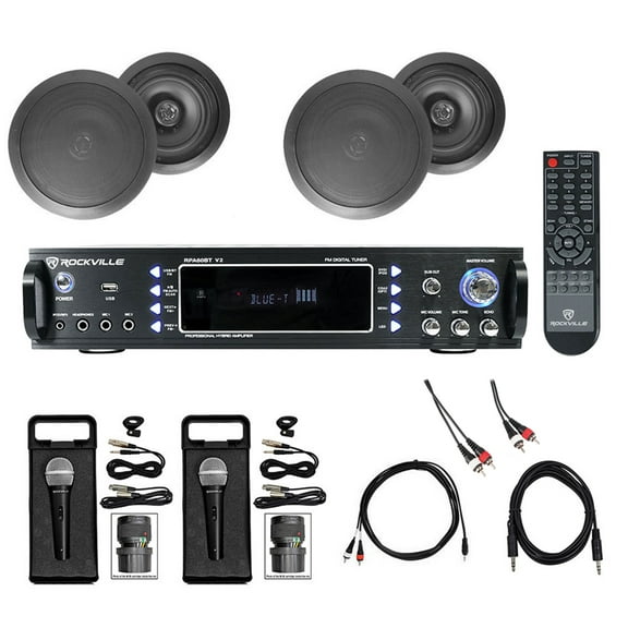 Karaoke Bluetooth Amp/Mixer+(4) 8" Black Ceiling Speakers+(2) Microphones