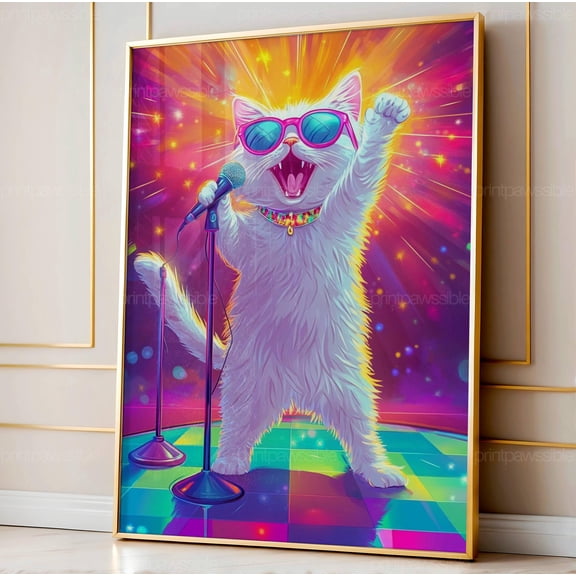 Karaoke Disco Cat Poster Funny Retro Kitten Wall Art Humorous Feline Decor Cat Poster Quirky Music Room Art , Poster Print Only