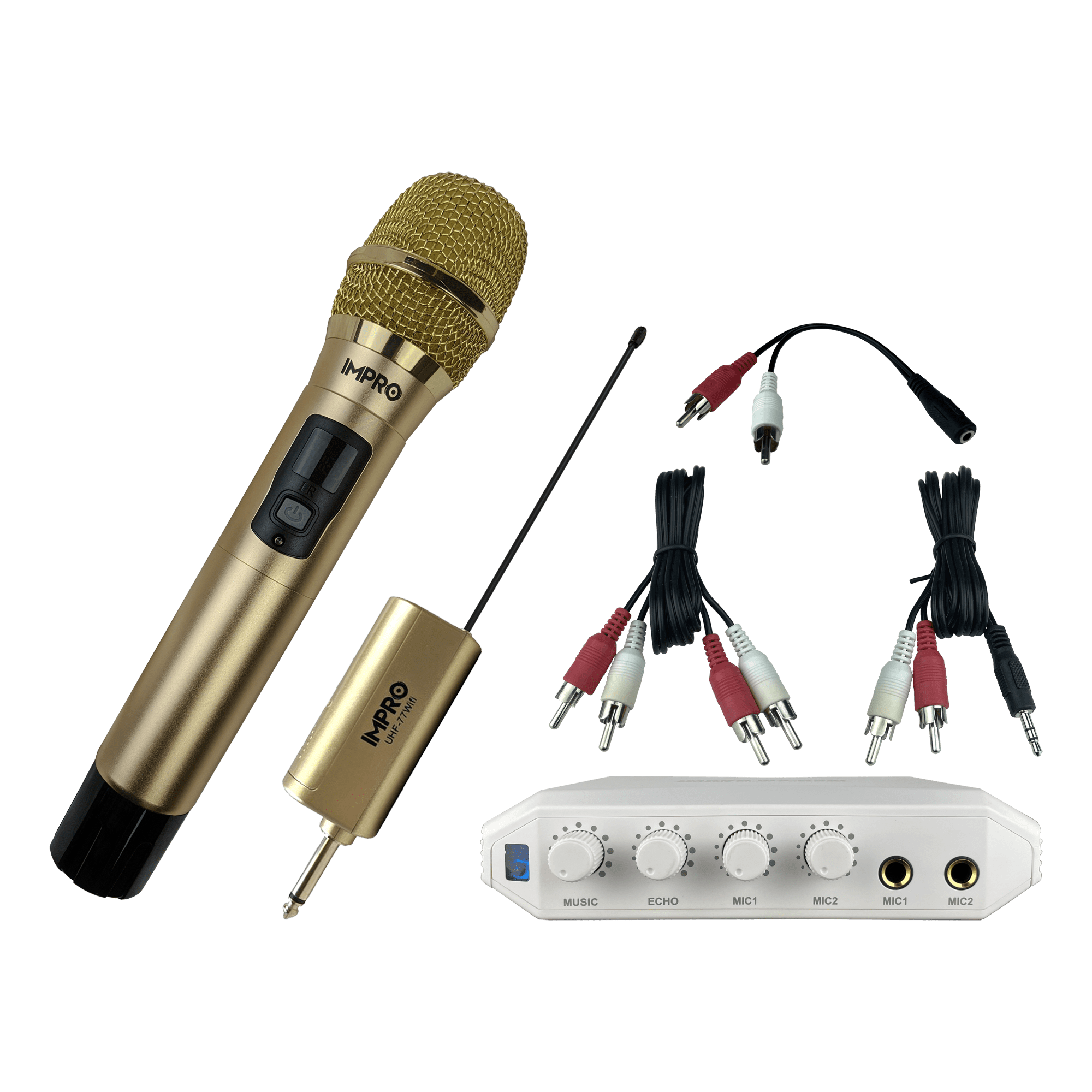 Karaoke Kickstart Bundle: ImPro UHF-77 Wireless Microphone & MX-R88i Compact Mixer (Gold)