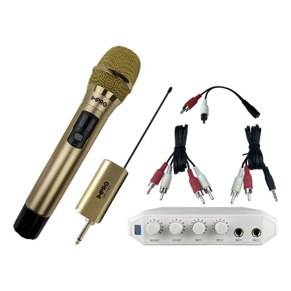 Karaoke Kickstart Bundle: ImPro UHF-77 Wireless Microphone & MX-R88i Compact Mixer (Gold)