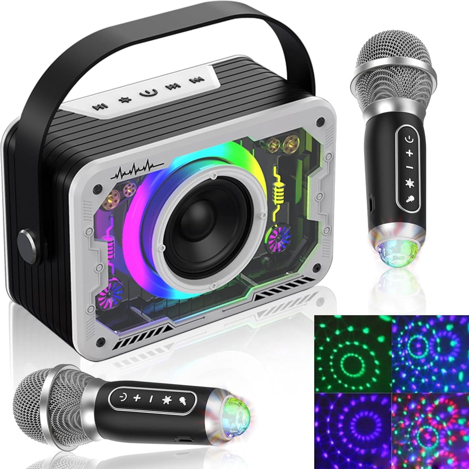 Karaoke Machine, 2 Wireless Karaoke Microphones with Disco Lights, Portable Bluetooth Speaker with RGB Light, Singing Machine with PA System for Adults, Supports AUX/USB/TF for Home Party Outdoor
