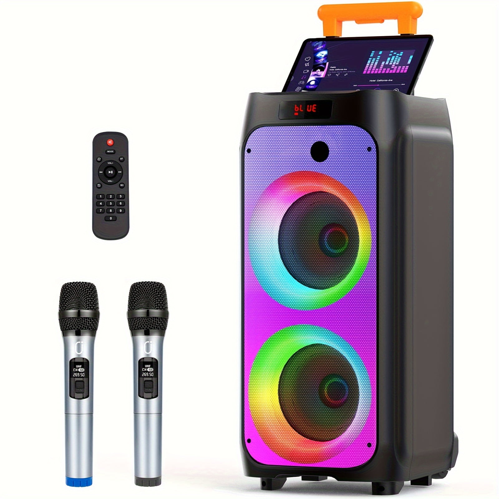 Karaoke Machine With 2 Wireless Microphones For Adults, 8" Big Party Speaker With 500W Peak Power, PA System With DJ Light, Rolling Wheels And Trolley, Perfect For Outdoor