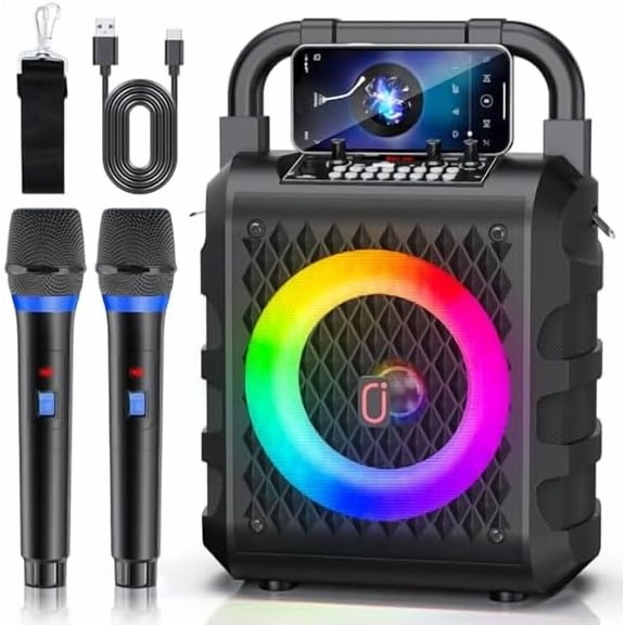 Karaoke Machine with 2 Wireless Microphones, Portable Bluetooth 5.3 Karaoke Speaker with 6.5"Subwoofer for Adults, PA System Speaker with LED Lights Support REC/USB/AUX/TF for Outdoors Home Party