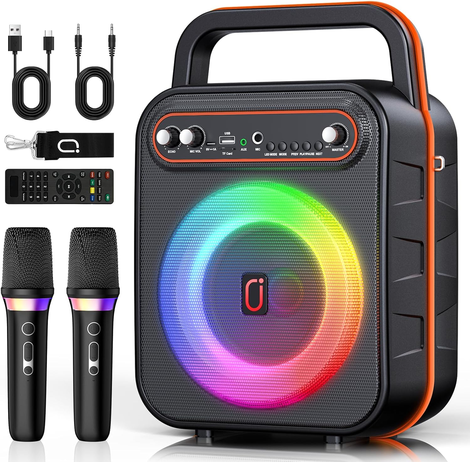 Karaoke Machine with 2 Wireless Microphones, Portable Bluetooth Speaker ...