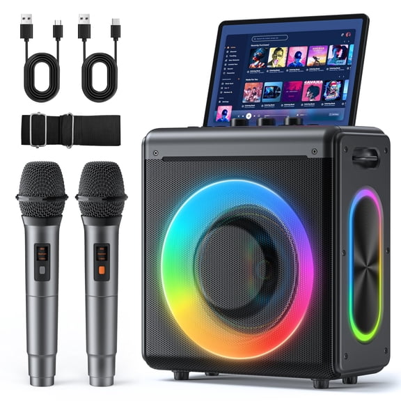 Karaoke Machine with 2 Wireless Rechargeable Microphones: Portable Bluetooth Speaker for Adults & Kids - PA System with Lights Supports TWS/TF Card/USB/AUX for Home Party Y102
