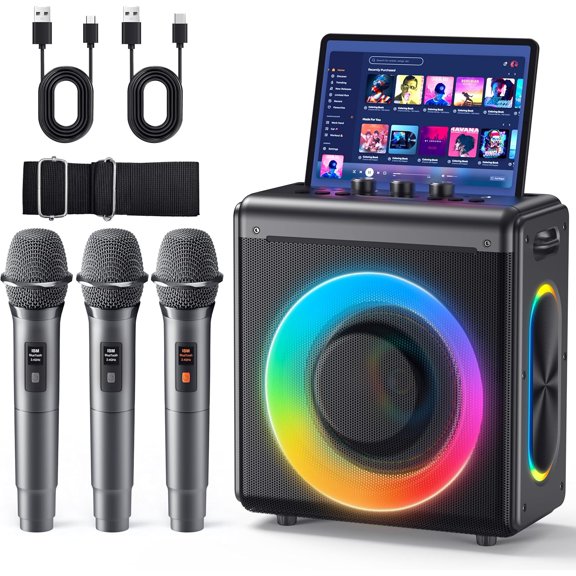 Karaoke Machine with 3 Wireless Rechargeable Microphones: Portable Bluetooth Speaker for Adults & Kids - PA System Lights Supports TWS/TF Card/USB/AUX Home Party