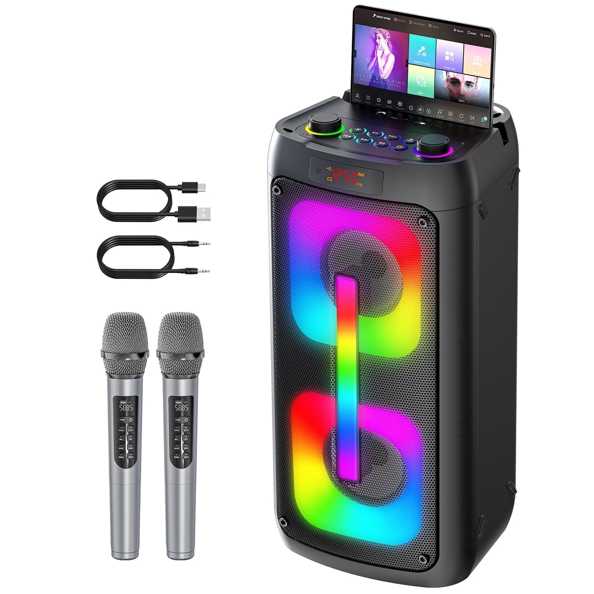 Gesnada Karaoke Machine for Adult with 2 Wireless Microphones,Bluetooth Speaker and Dual 4" Woofer for Party,Gifts
