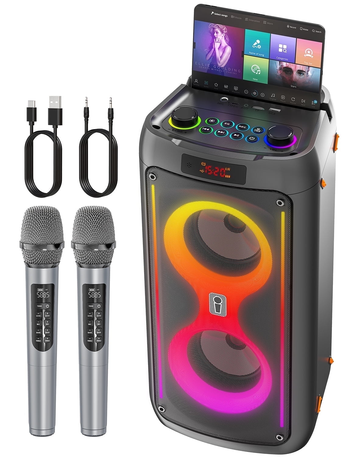 Gesnada Karaoke Machine with Pulse Light Show, Bluetooth Speaker with 2 Wireless Microphones, 200W Peak Power, TWS, USB/TF/AUX, Home Party & Travel System