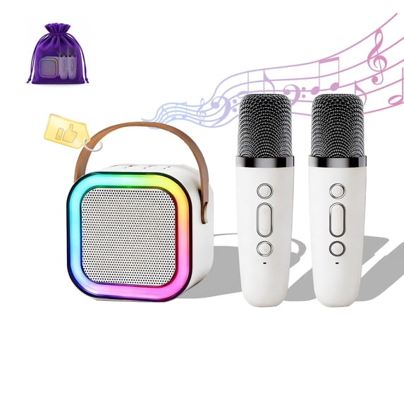 Premium Kids Karaoke Machine, Portable Mini Bluetooth Speaker with 2 Wireless Microphones, White