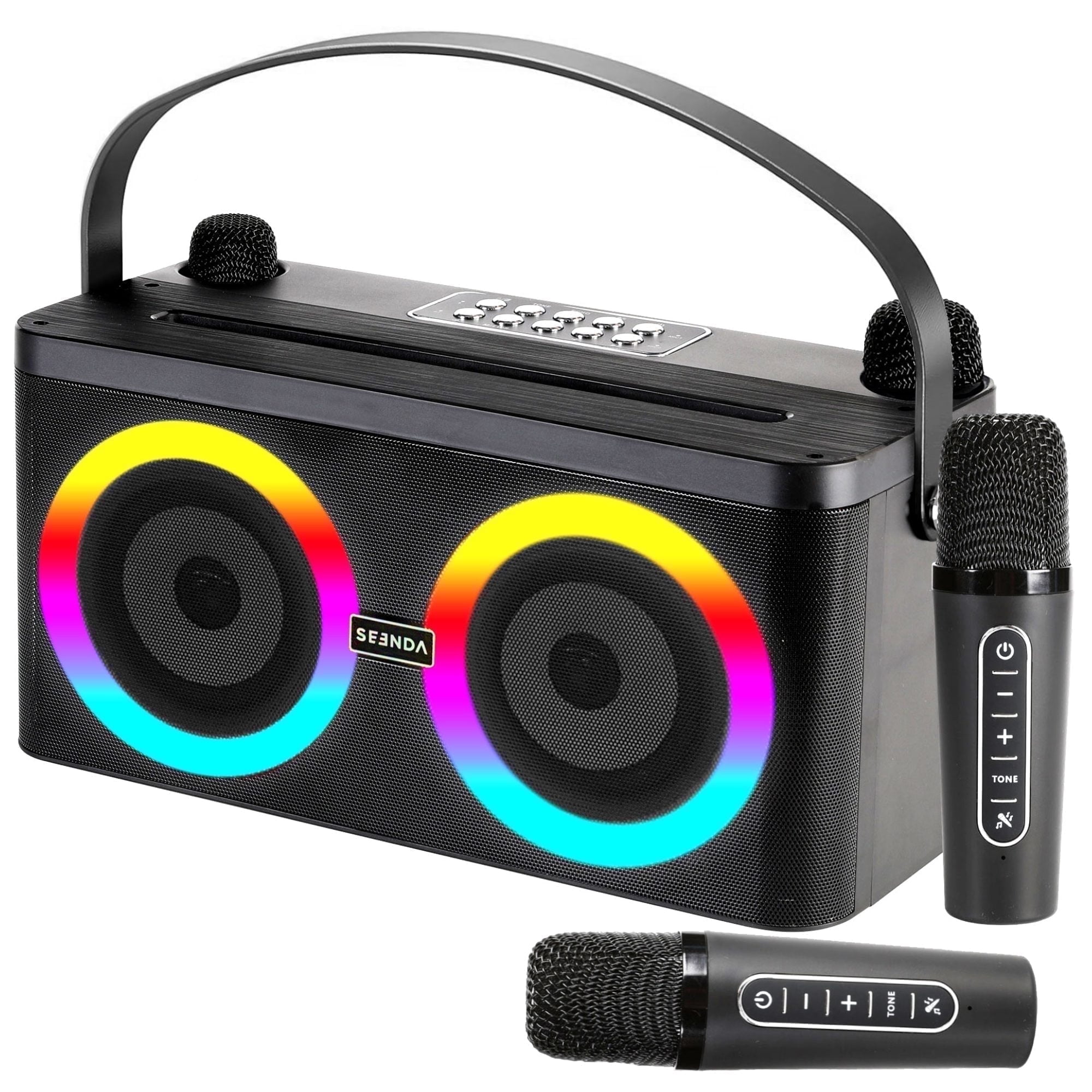 Seenda Karaoke Machine, Portable Speaker PA Systerm with 2 Wireless Microphones for Adults and Kids