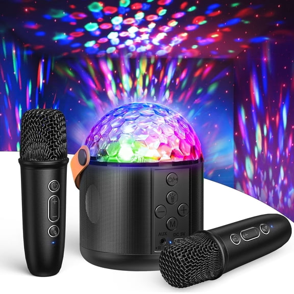 Karaoke Machine with Disco LED Lights for Adults Kids, Portable Bluetooth Speaker with 2 Wireless Microphone, Gifts for Boys Girls Family Home Party-Black