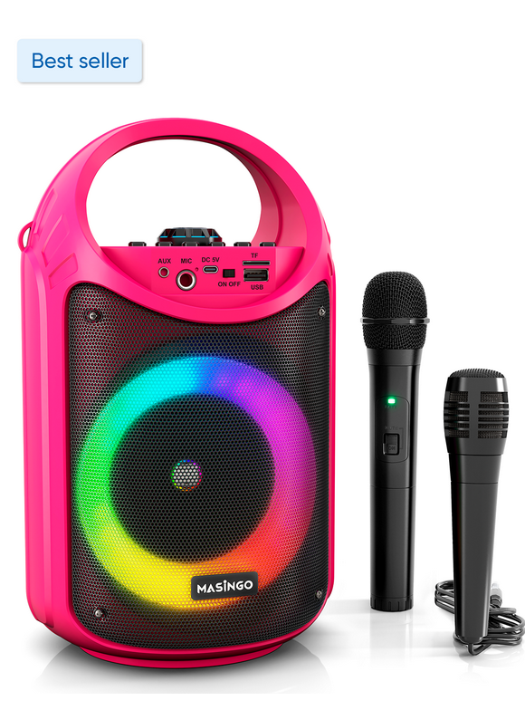 Karaoke Machine for Kids and Adults with 1 Wireless Karaoke Microphone and 1 Wired Mic, PA Portable Speaker System with LED Lights, Supports TF Card/USB, AUX/MIC in, TWS for Home Party, Burletta C10