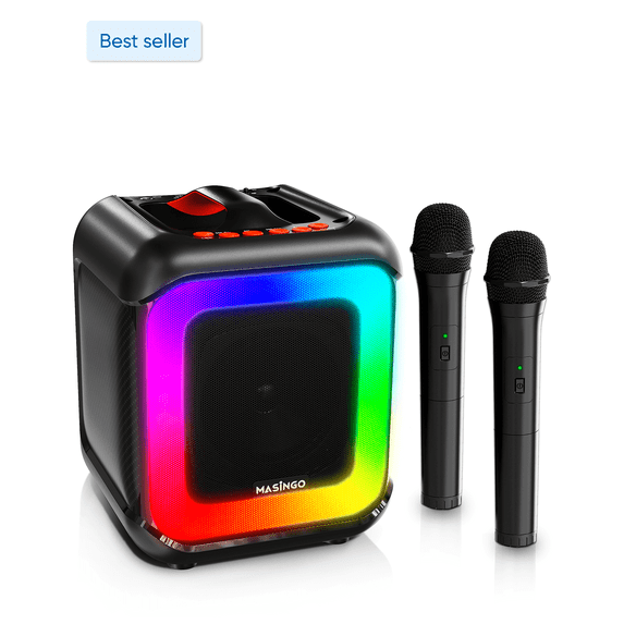 MASINGO Karaoke Machine for Kids and Adults with 2 Wireless Bluetooth Microphones, PA Portable Speaker Toy for Girls and Boys with Colorful LED Lights, Supports TF Card/USB, TWS for Home Party, C7