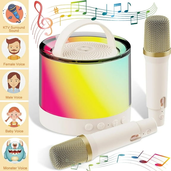 Karaoke Machine for Kids Adults2024 New Round Mini Portable Bluetooth Karaoke Speaker with 2 Wireless Mics & Light for Home Party, Birthday Gifts for Boys/Girls