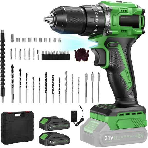 21V Cordless Drill Set, Electric Power Drill 34Pcs with 3/8 Inch Keyless Chuck, 25+3 Clutch Compact Driver Drill with Work Light, Max torque 45Nm, 2-Variable Speed & Battery and Fast Charger