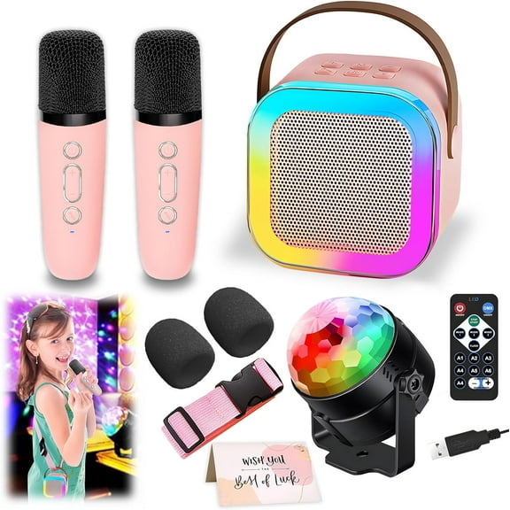Karaoke Machine for Kids, Portable Bluetooth Speaker with 2 Wireless Microphones, 1 Disco Ball Strobe Lamp 7 Modes Stage Light for Home Room Dance Parties Birthday