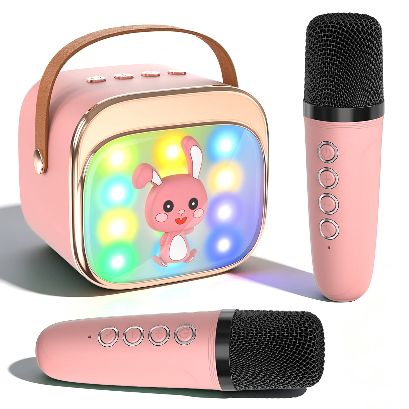Rirool Kids Karaoke Machine with 2 Wireless Microphones, Bluetooth Karaoke Speaker with LED Lights, Voice Changer & Portable Party Toy for Boys & Girls, Pink