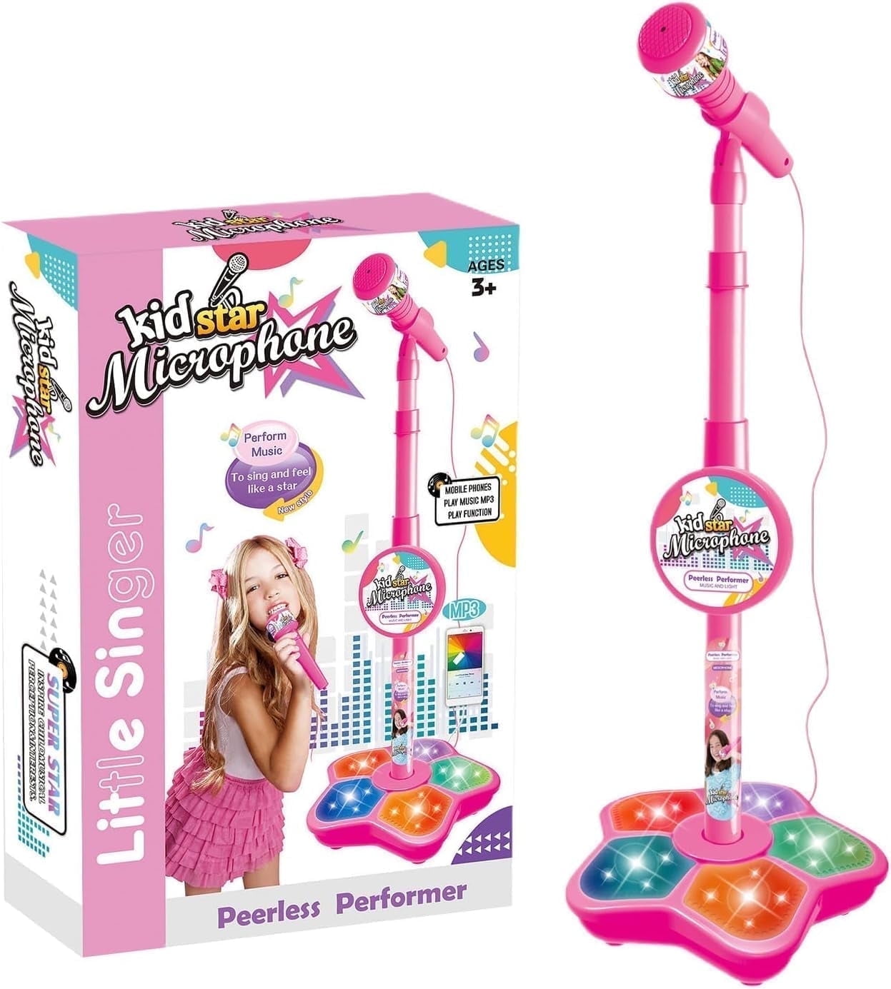 Karaoke Machine for Kids, Singing Microphone for Girls 3-6 Years Old, Microphones and Adjustable Stand, Stage Lights and Pedals for Fun Musical Effects