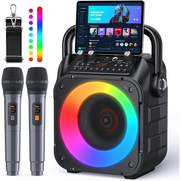 Karaoke Machine, Portable Bluetooth Speaker with 2 Wireless Microphones for Adults & Kids Lights, Microphone PA System Supports USB/TF/REC/FM/AUX Home Party Packages