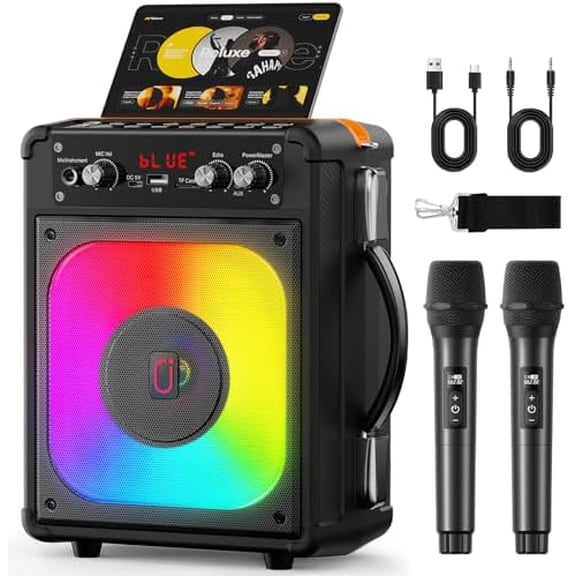 Karaoke Machine, Portable Bluetooth Speaker with 2 Wireless Microphones for Adults & Kids,Singing Machine for Parties and Gatherings, PA System Supports TWS/USB/TF/REC/AUX and TV Connected