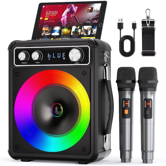 Karaoke Machine, Portable Karaoke Speaker with 2 Microphones, PA System for Adults with LED Lights & Echo Adjustment, Supports TWS/TF/USB/AUX for Party