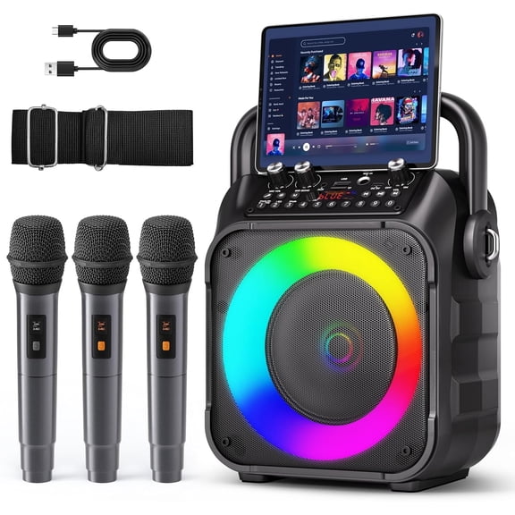 Karaoke Machine, Portable Speaker with 3 Microphones for Adults & with Lights, Karaoke Microphone with PA System Supports USB/TF/FM/AUX for Party System Packages