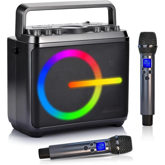 Karaoke Machine, Speaker with 2 Microphones, Portable Voice Amplifier PA System for Adults with LED Lights Support Bass/Treble Adjustment, TF Card/USB, REC for Party