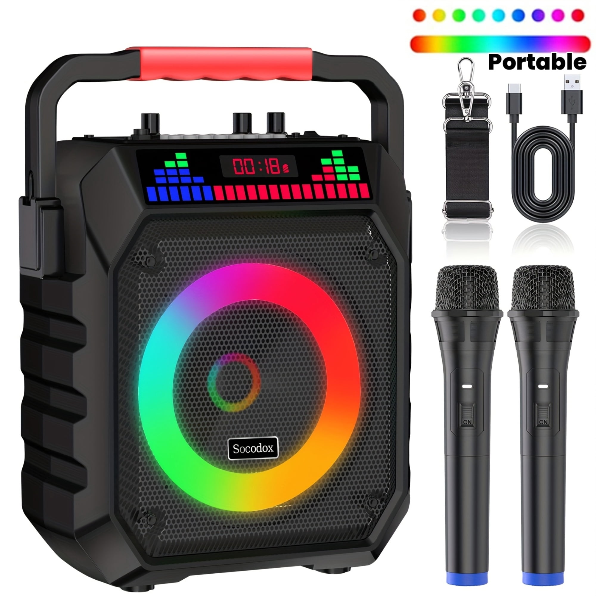 Karaoke Machine with Two Wireless Microphones, Portable Speaker with LED Lights for Karaoke Machine for Adults And Kids, Supports BT/USB PA System for Home Singing Outdoor Party, Music Gifts.