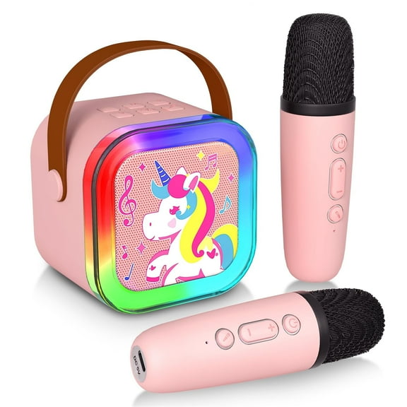 Karaoke Machine for Kids and Adults, Mini Portable Speaker with Microphones and Lights(Pink)