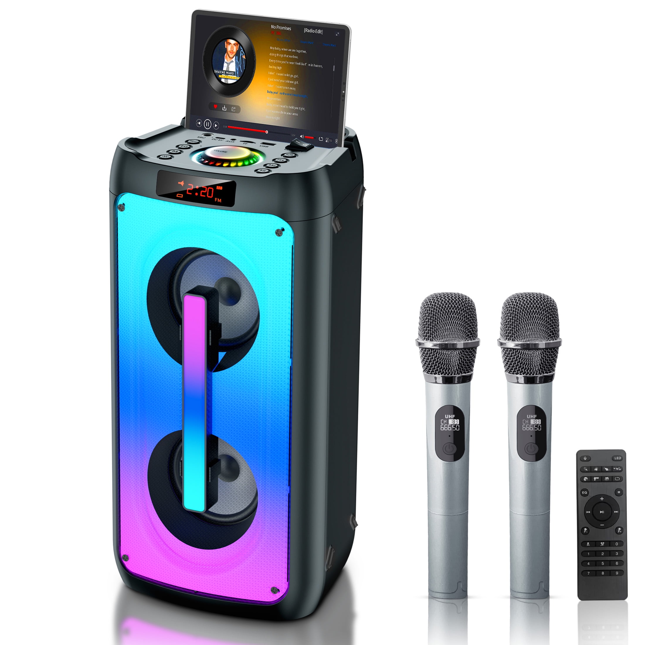Karaoke Machine with 2 Wireless Karaoke Microphones, Portable Karaoke Speaker with Dual 4-inch woofers, omnidirectional Sound and RGB Colorful Light