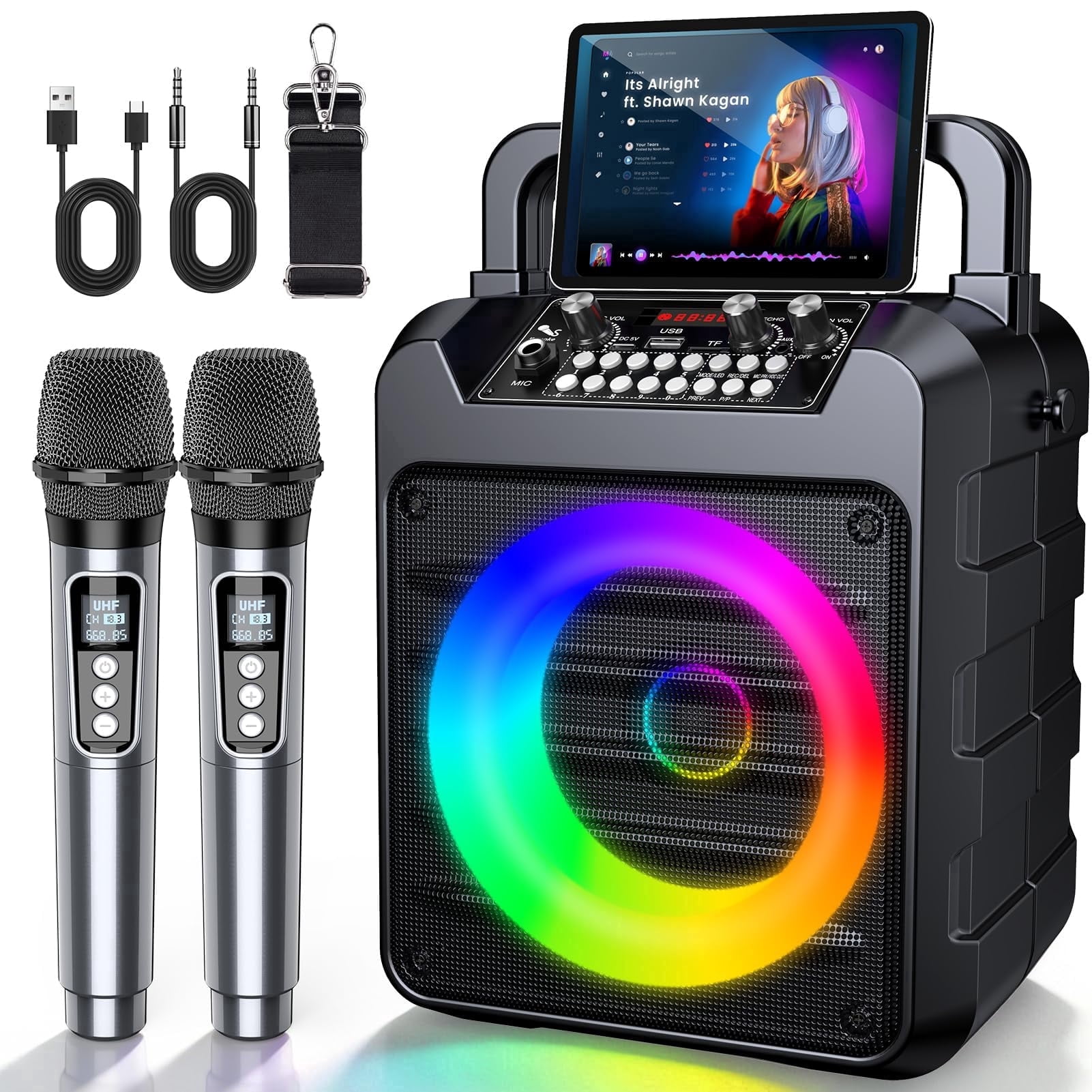 ATOPDREAM-US Karaoke Machine for Adults, 20 W Portable Wireless Speaker with 2 Wireless Microphones, LED Light Show, Gift for Adults Home Party Time
