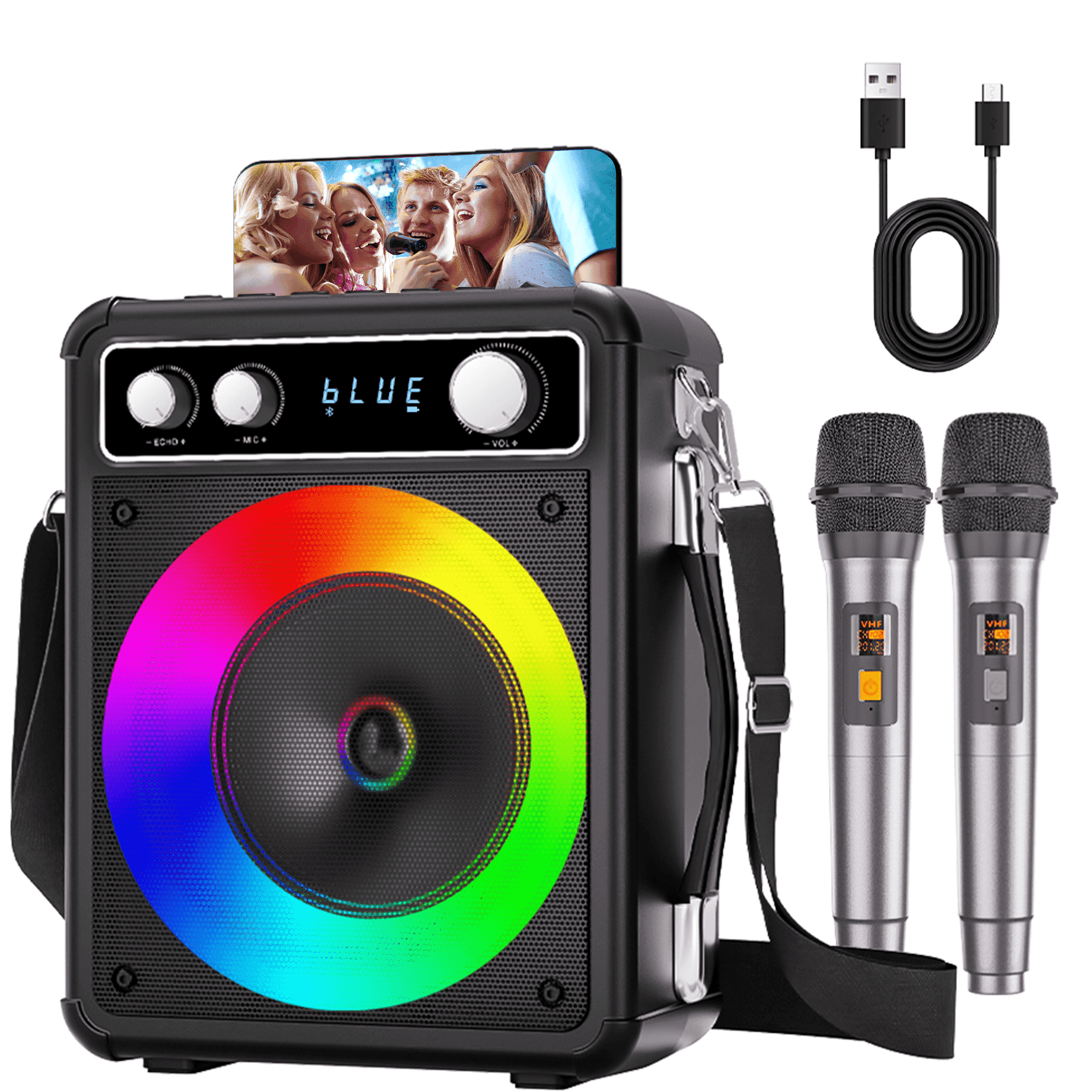 Bonaok Karaoke Machine with 2 Wireless Microphones, Portable Bluetooth Karaoke Speaker with Mics, PA System for Adults Kids