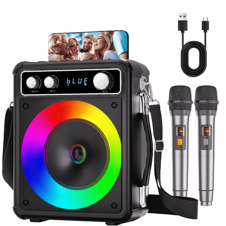 Bonaok Karaoke Machine with 2 Wireless Microphones, Portable Bluetooth Karaoke Speaker with Mics, PA System for Adults Kids