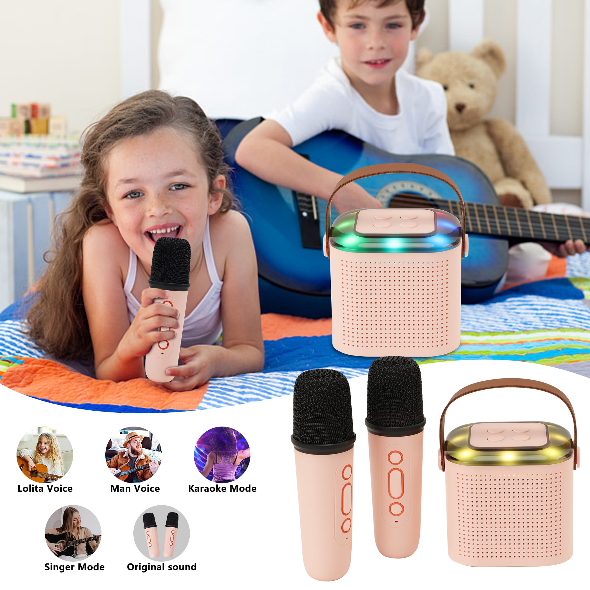 Karaoke Machine with 2 Wireless Microphones, Portable Bluetooth Speaker for Adults Kids