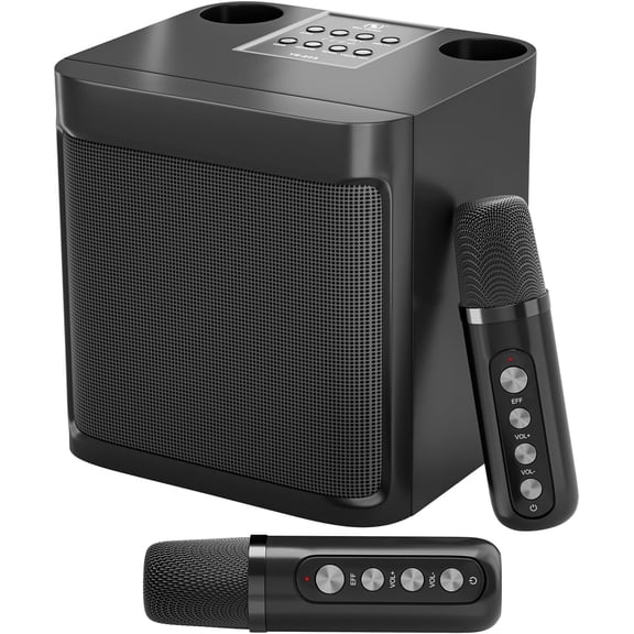 Karaoke Machine with 2 Wireless Mics, Portable Bluetooth Speaker for TV Singing, Home Party & Gifts for Adults, Kids, Boys & Girls Black