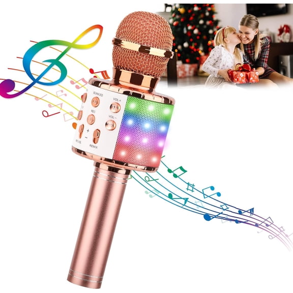 Karaoke Microphone, 4 in 1 Wireless Microphone with LED Lights Handheld Portable Karaoke Machine, Home KTV Player, Compatible with Android & iOS Devices
