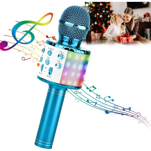 Karaoke Microphone, 4 in 1 Wireless Microphone with LED Lights Handheld Portable Karaoke Machine, Home KTV Player, Compatible with Android & iOS Devices
