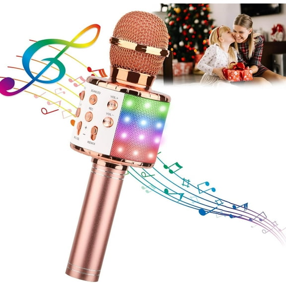 Karaoke Microphone,4 in 1 Wireless Microphone with LED Lights Handheld Portable Karaoke Machine,Home KTV Player,Compatible with Android & iOS Devices
