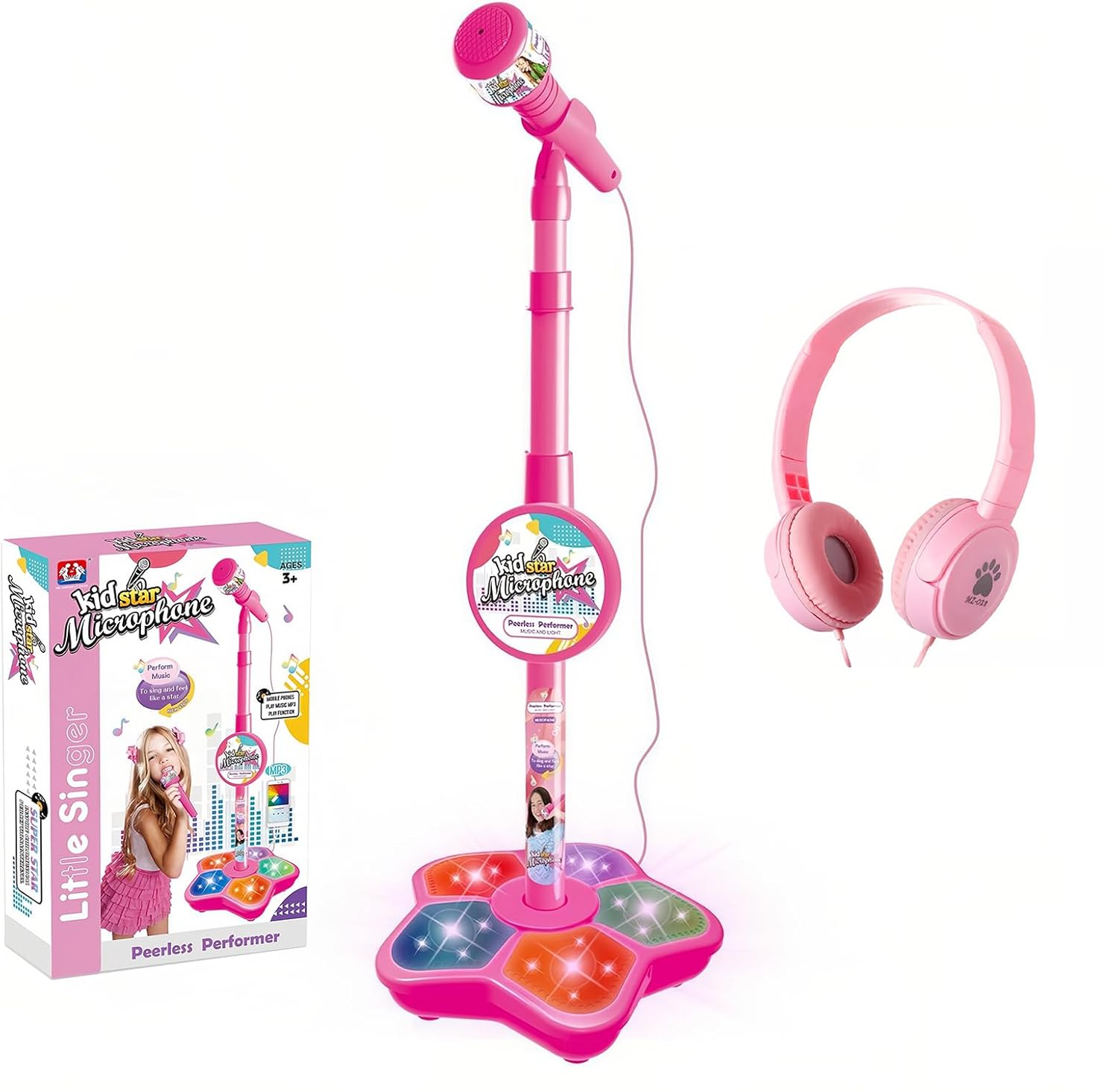 Karaoke Microphone with Adjustable Stand for Kids,Standing Mic for Portable Singing, Retractable Headset for Music Sing-along,Flashing Stage Light Base for Aged 3-6 Boys Girls (Pink)