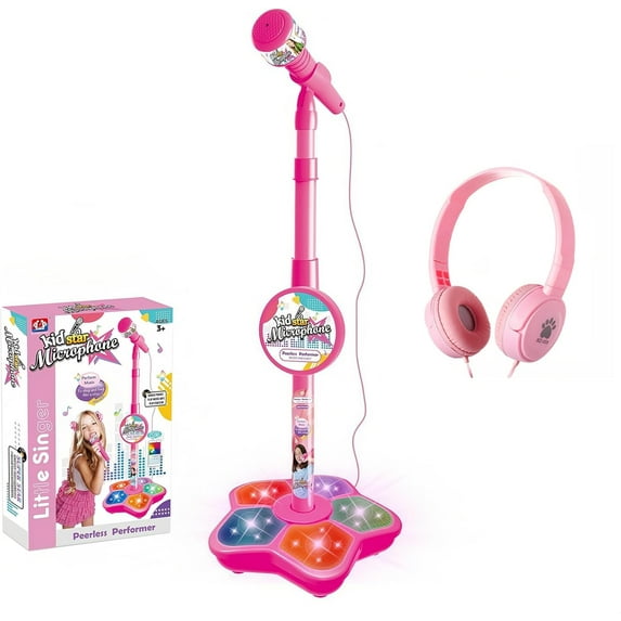 Karaoke Microphone with Adjustable Stand for Kids,Standing Mic for Portable Singing, Retractable Headset for Music Sing-along,Flashing Stage Light Base for Aged 3-6 Boys Girls (Pink)