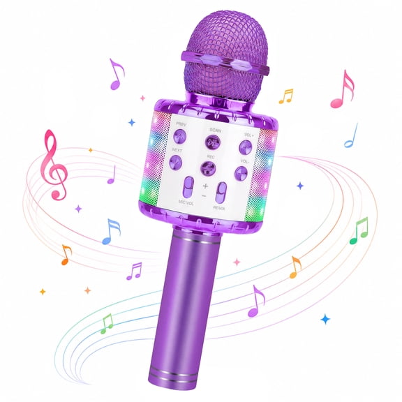 Swfoer Wireless Bluetooth Karaoke Microphone 4-in-1, 5W Handheld Mic Speaker with LED, Echo, Voice Effects, TF/USB Player, for Kids Adults Party Gift, Purple