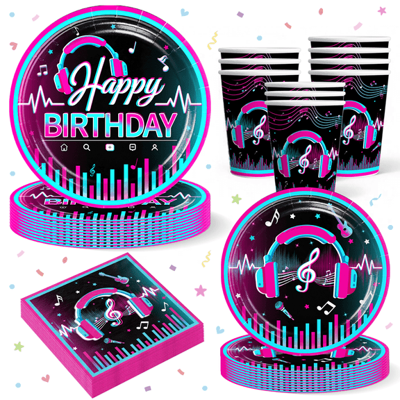 Morabloomy Neon Pink Karaoke Party Supplies Set Paper Plates Cups Napkins Tableware