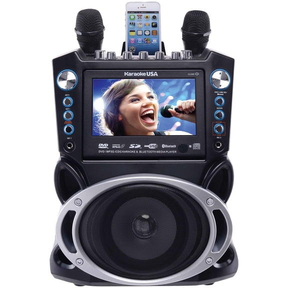 Karaoke USA GF840 Complete Bluetooth Karaoke System - 35 Watt Power Output includes 2 Microphones, Remote Control, 7 Color Screen, Record Function. Plays DVD/CDG/MP3G / USB /SD