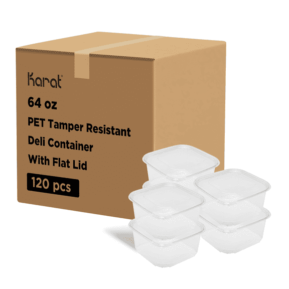 Karart 64oz PET Tamper Resistant Deli Container with Flat Lid - 120 sets