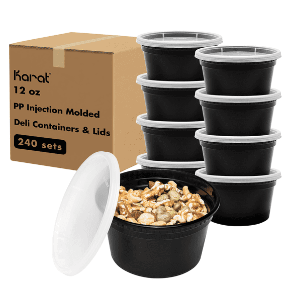 Karat 12 oz Black PP Injection Molded Round Deli Containers with Lids - 240 ct