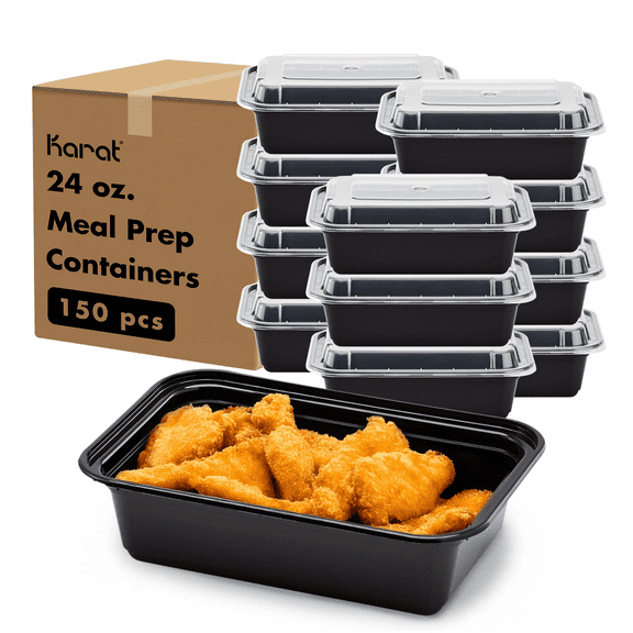 Karat [150 Pack - 24oz] Microwavable Meal Prep Containers with Lids | Black Plastic Food Containers (IM-FC1024B)