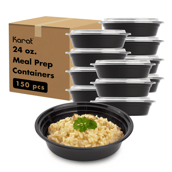 Karat [150 Pack - 24oz] Reusable  Microwavable Meal Prep Containers with Lids | Black Round Plastic Food Containers (IM-FC4024B)