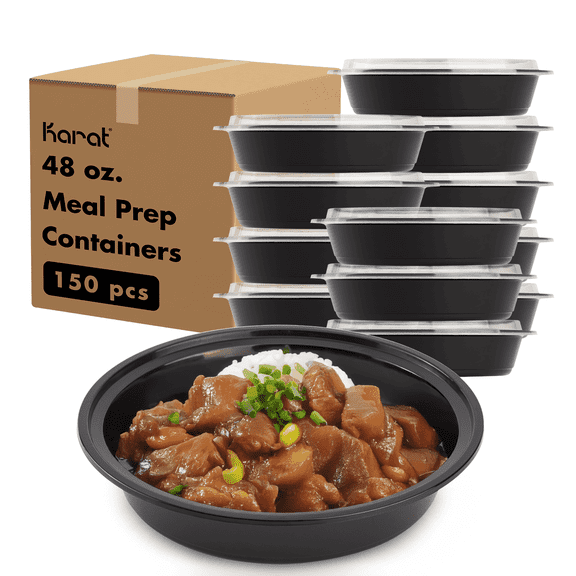 Karat [150 Pack - 48oz] Reusable Microwavable Meal Prep Containers with Lids | Black Round Plastic Food Containers (IM-FC4048B)